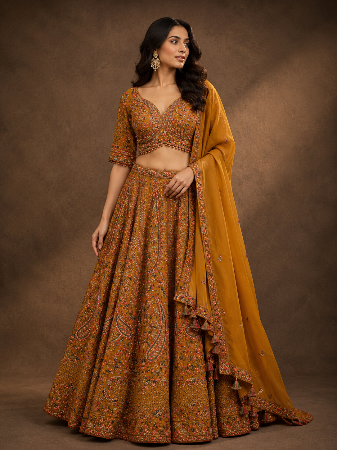 Mustard Silk Designer Lehenga Choli with Heavy Traditional Embroidery & Dupatta